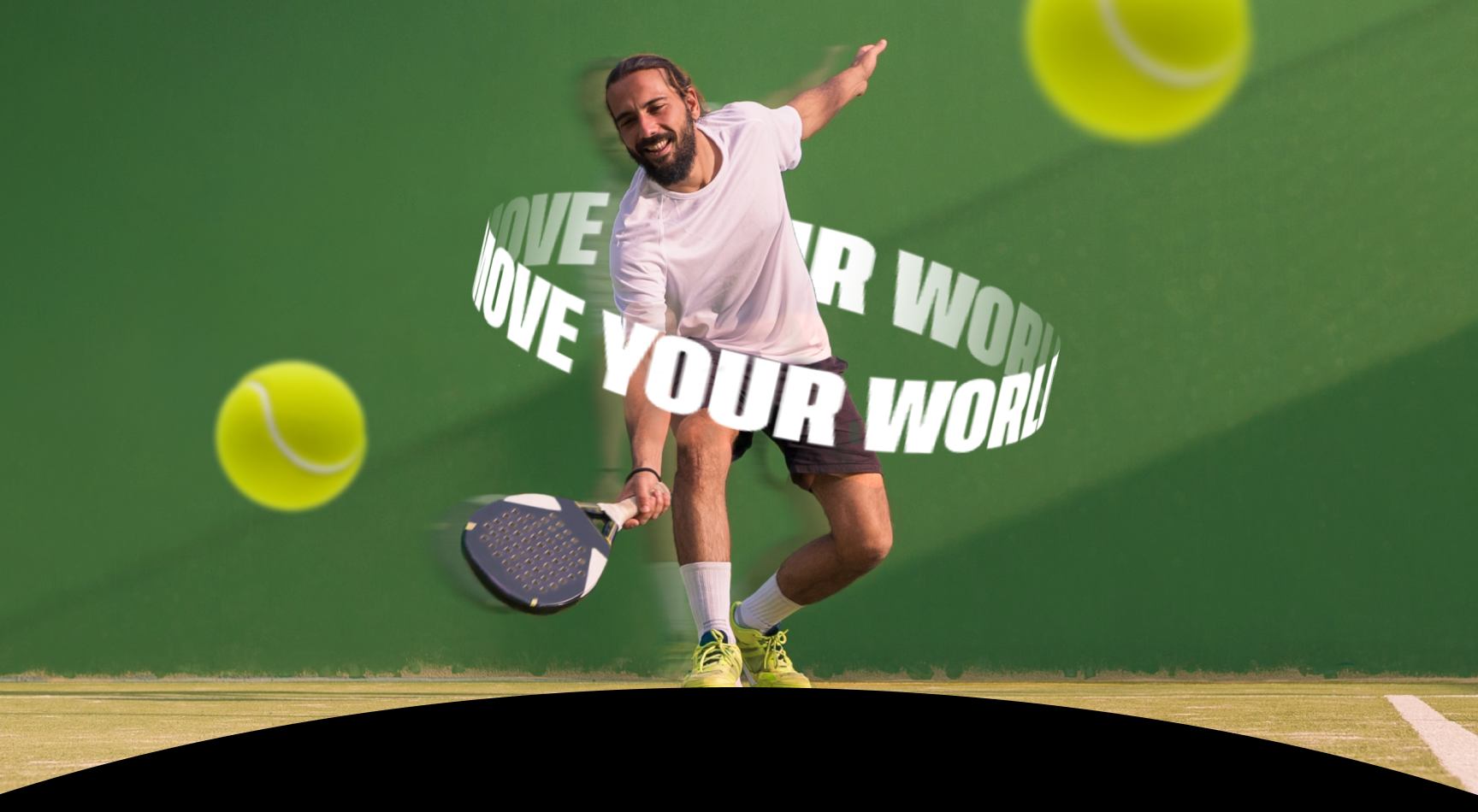 Athlete playing padel on a green court with the Move your world slogan.